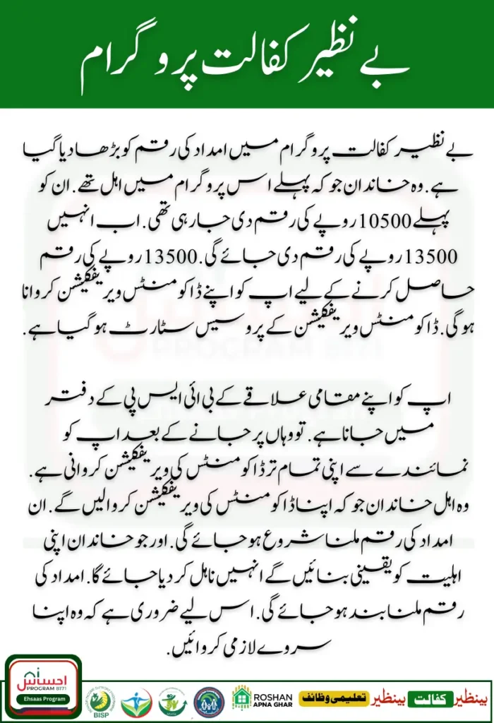 Benazir Kafaalat Program Payment Increase Document Verification NSER Survey Start 2024